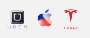 Logos of Uber, Apple, and Tesla