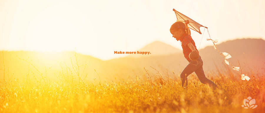 Child flying a kite with the phrase make more happy.